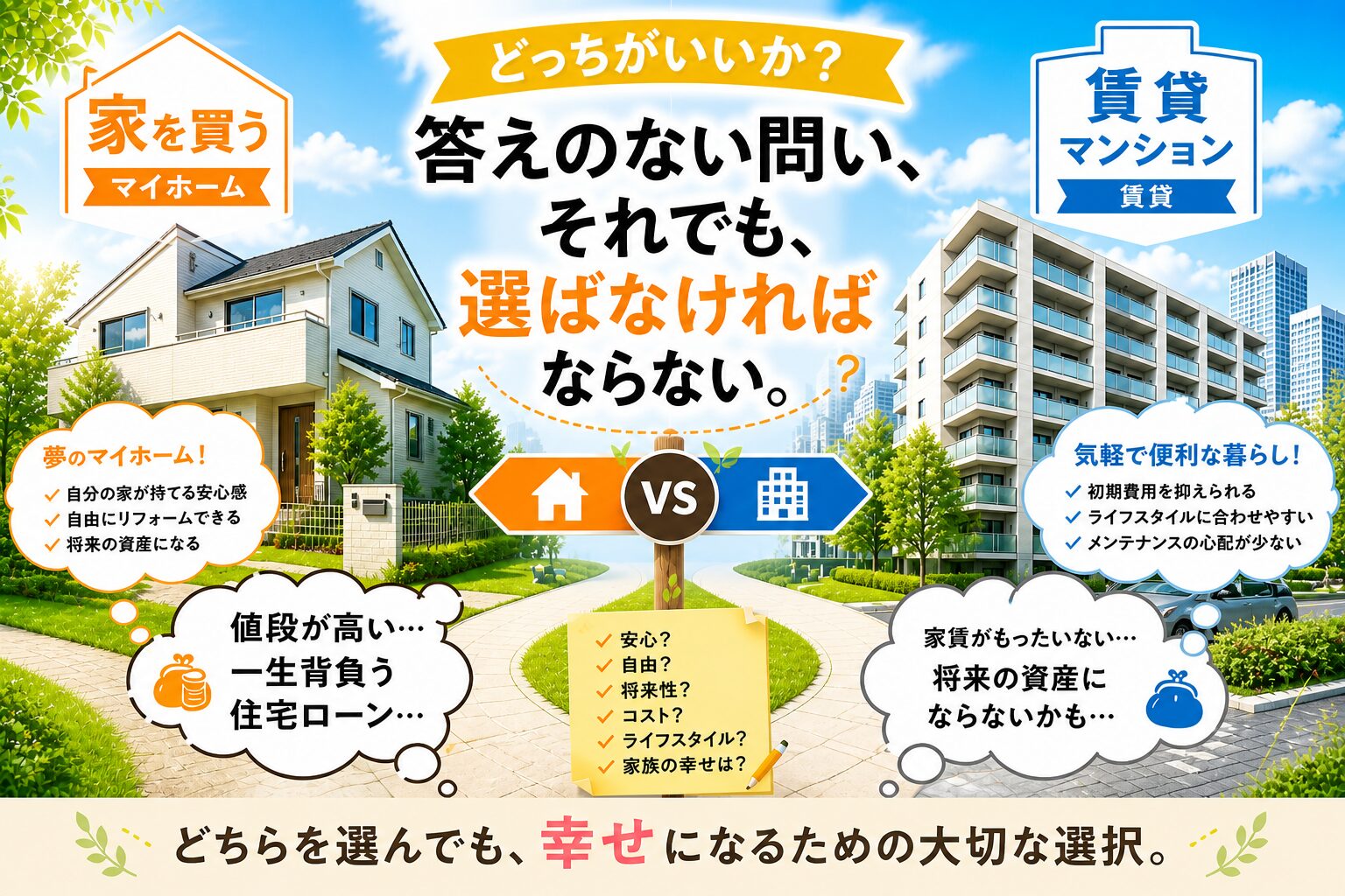 戸建てか賃貸マンションか 庶民にとって運命の選択 比較イラスト
