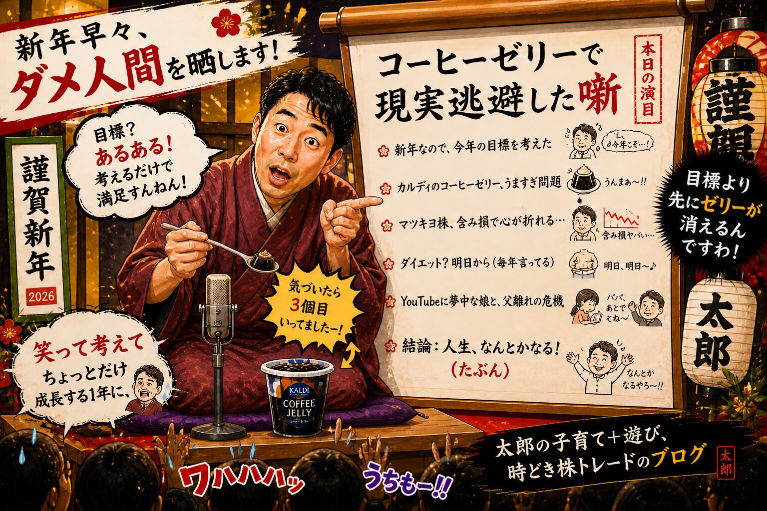 2026年新年の目標を落語仕立てで紹介 カルディのコーヒーゼリーとマツキヨ株とダイエットと娘の父離れ